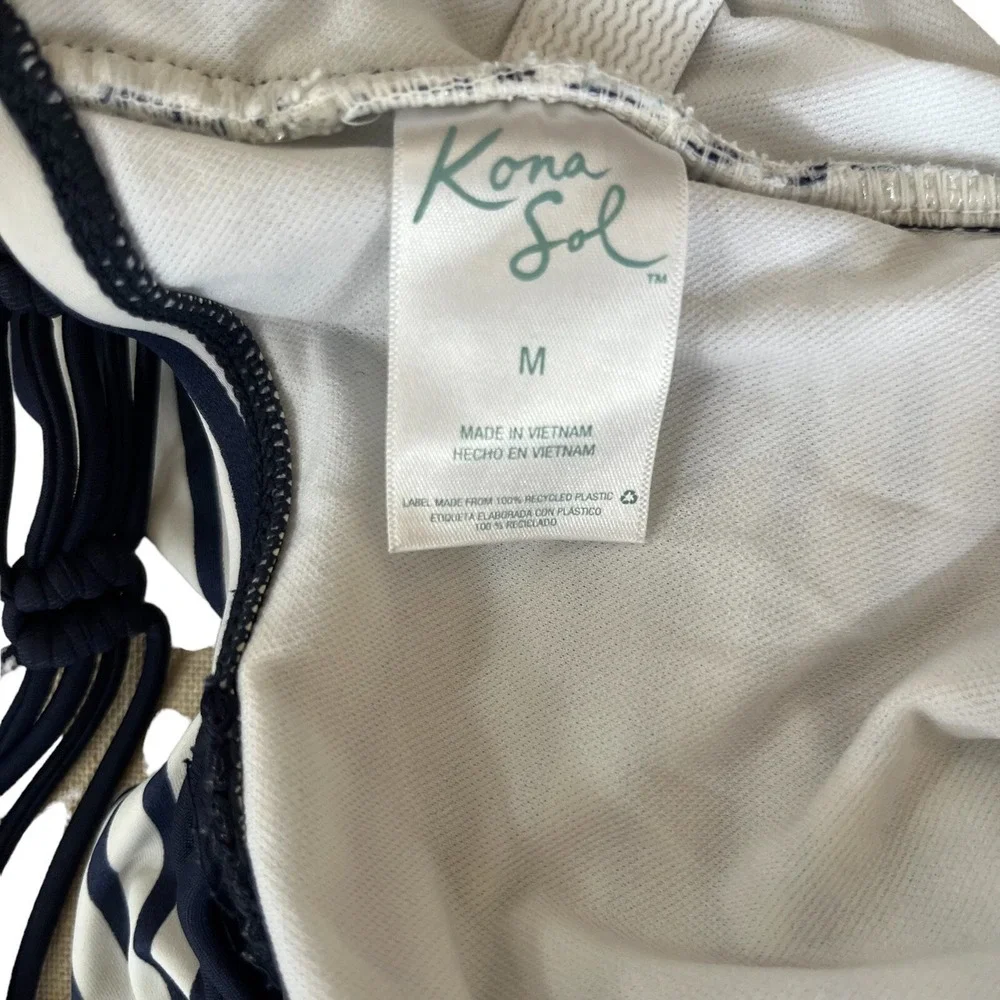 Kona Sol Bathing Suit Womens Medium Blue White Stripe 1 Pc Macrame Pool Vacation